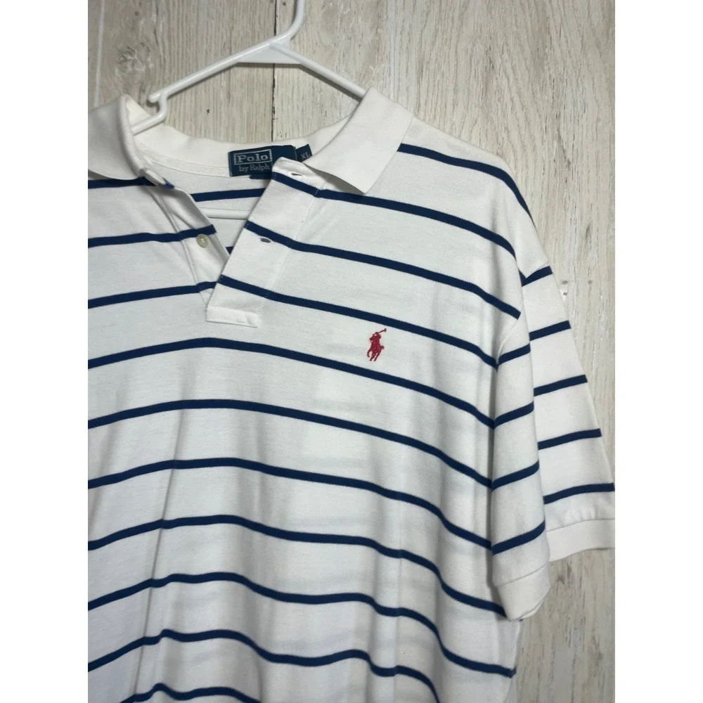 POLO by Ralph Lauren, Men's Short Sleeve  Shirt, White‎ and Blue Striped, Large
